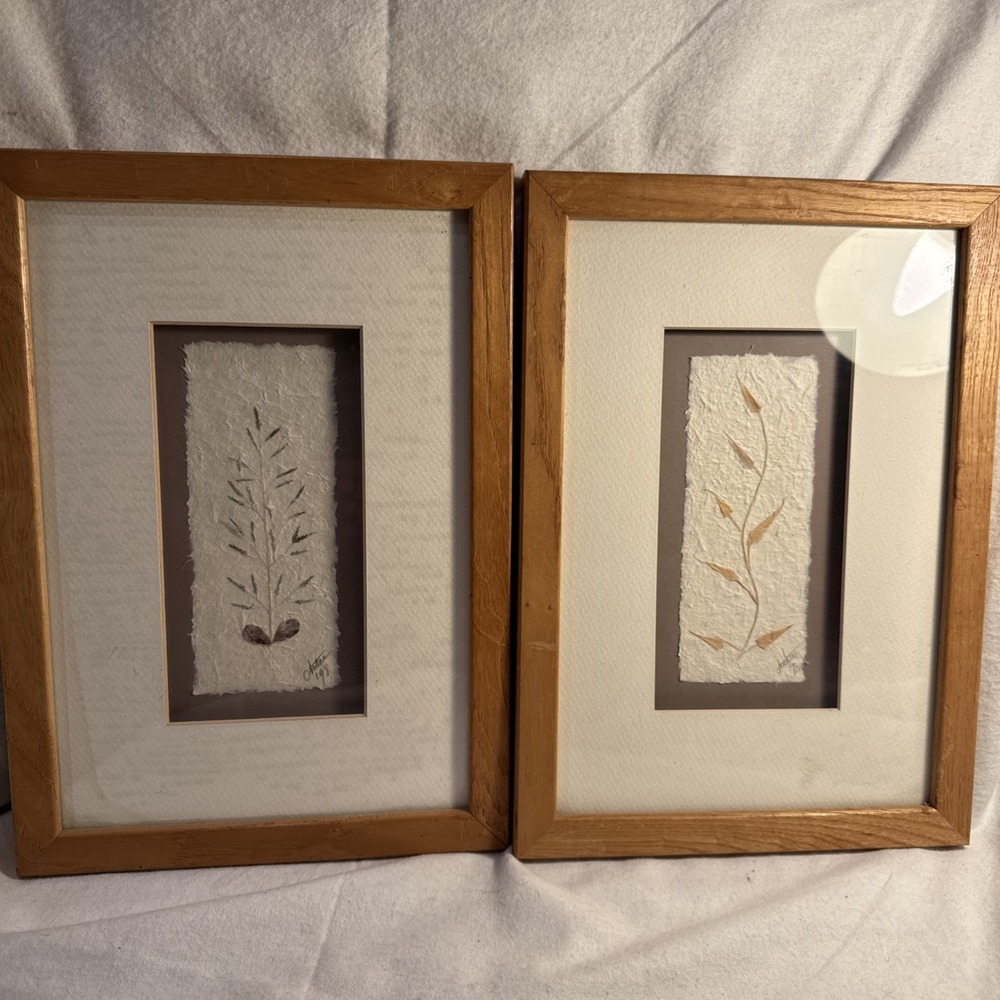 Set Of 2 Botanical Prints, (1998) Pressed Stems/Handmade Paper/Wood Frames 8x12"